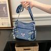 Damen Schultertasche Bestickte Schleife Umhängetasche Mehrere Fächer Jeans-Tasche