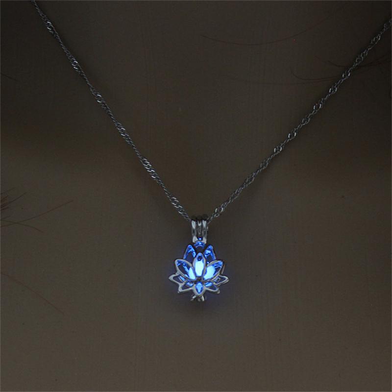 Luminous Glowing In The Dark Moon Lotus Flower Shaped Pendant Necklace for Women Yoga Prayer Buddhism Jewelry