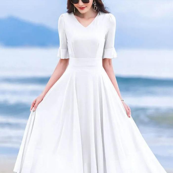 Letná móda Nové kórejské jednoduché elegantné šifónové šaty strednej dĺžky Jednofarebné s výstrihom do V, zipsom v páse, patchworkové šaty s motýlikovými rukávmi