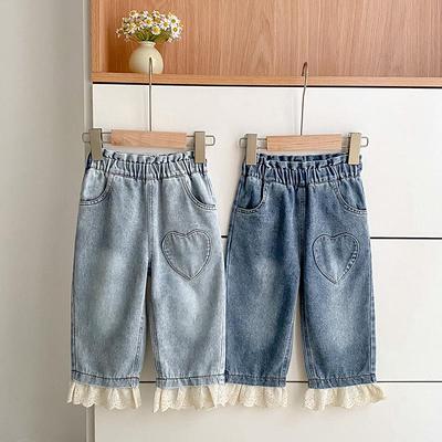 Stylish Lace Trim Girls' Jeans - Spring & Autumn Straight-Leg Pants
