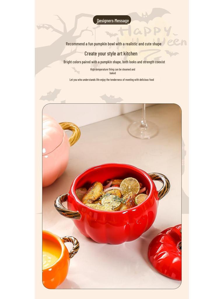 Große Keramik-Kürbissuppenschüssel mit Deckel und doppelten Henkeln - Kreatives Verbrühschutz-Design zum Servieren von Suppe, Instantnudeln und Reispasta mit Fluss-Schnecken.