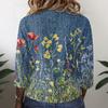 Women's Vintage Floral Print Henley Button Neck Three Quarter Sleeve Linen Cotton Blouse Casual Loose Fit Shirt for Everyday Wear