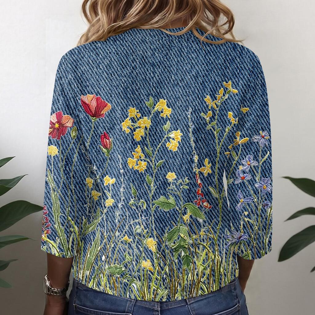 Women's Vintage Floral Print Henley Button Neck Three Quarter Sleeve Linen Cotton Blouse Casual Loose Fit Shirt for Everyday Wear