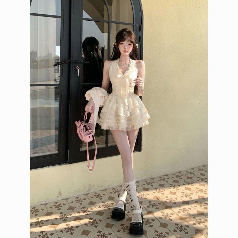 

Spring French Waist-Cinching Princess Apricot Dress & Cardigan Set Extra Large