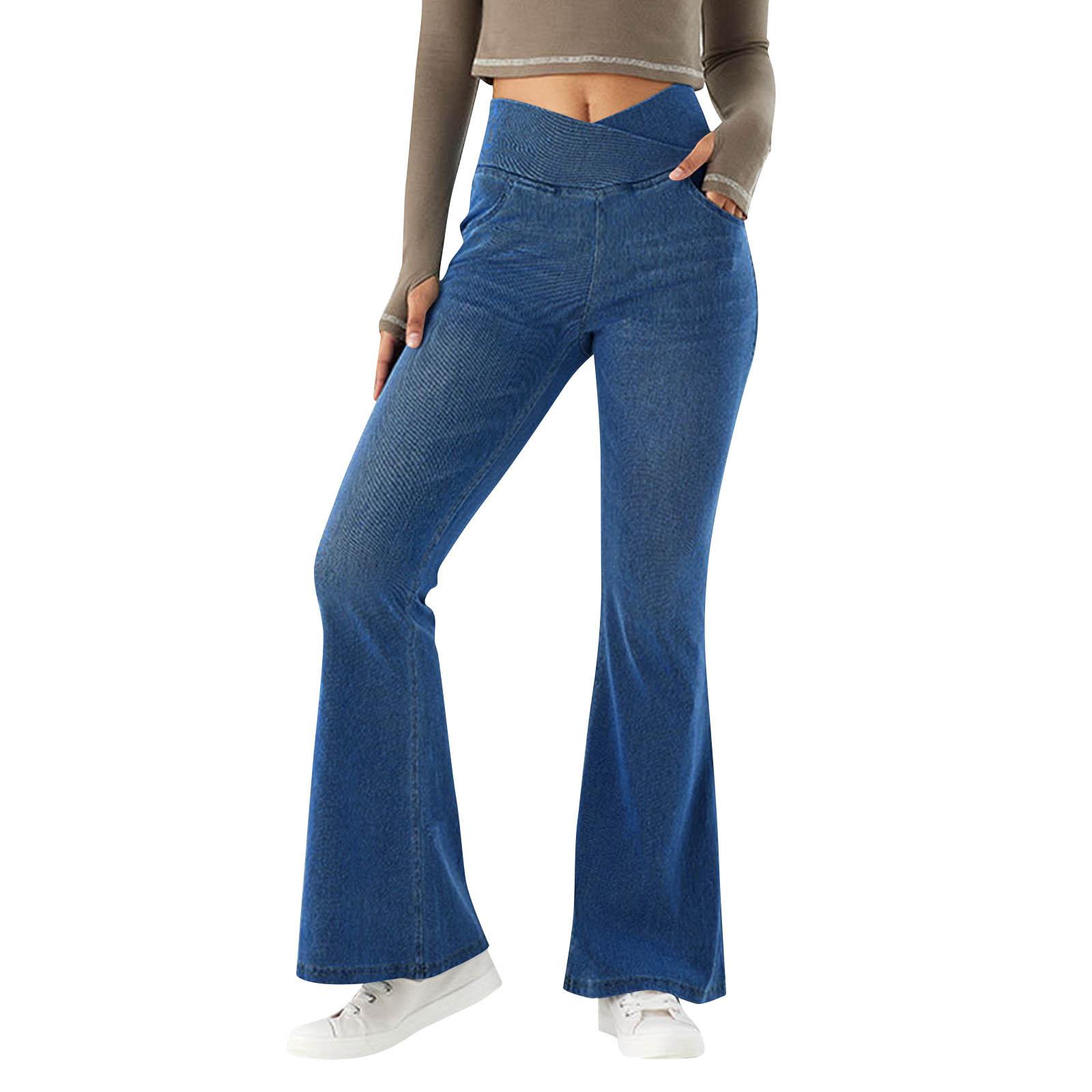 

Women s Leisure Color High Waist Motion Regular Jeans High Waisted Pocket Cool Breathable Washed Stretchy Casual Super Flare Pants XL синий