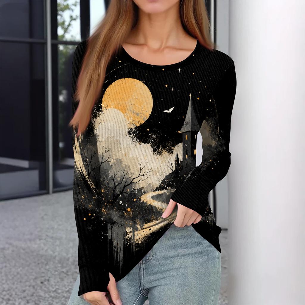 Women's Slim Fit Halloween Print Pullover Long Sleeve T Shirt Crew Neck Base Layer Top with Thumb Hole Cuffs Stretch Fabric