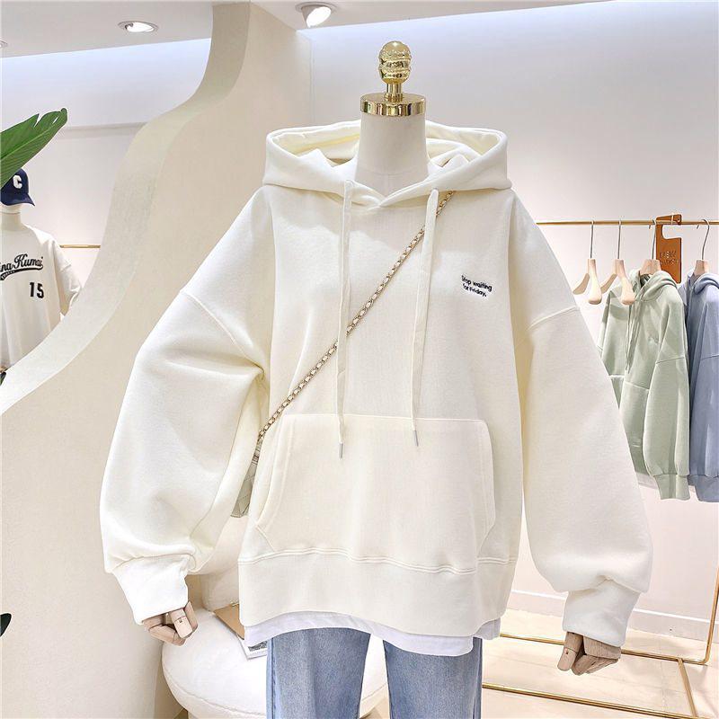 Women's Fleece-Lined Patchwork Hooded Sweatshirt - 2025 Autumn/Winter Korean Style Embroidered Loose Fit