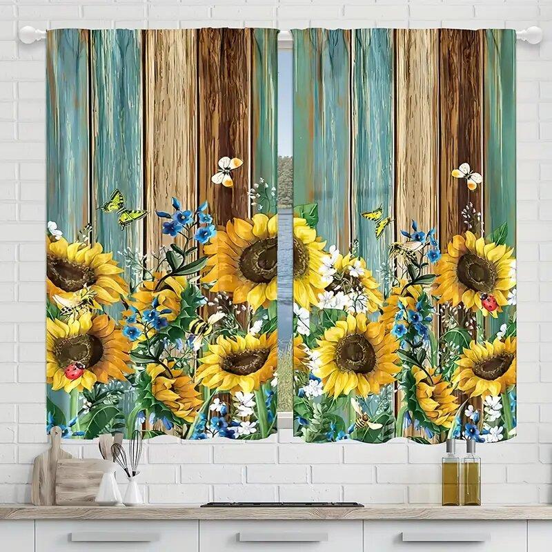 Set Of 2 Sunflower Butterfly Wood Board Pattern Printed Curtains Window Decorations Home Room Curtain Polyester