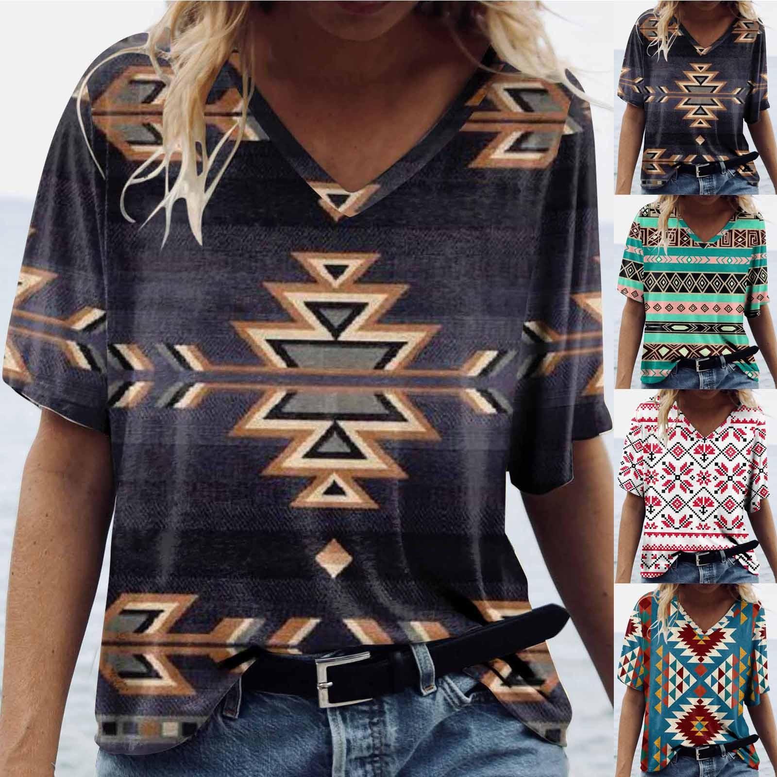 

Женская мода, повседневная удобная блузка с v-образным вырезом и коротким рукавом с этническим принтом