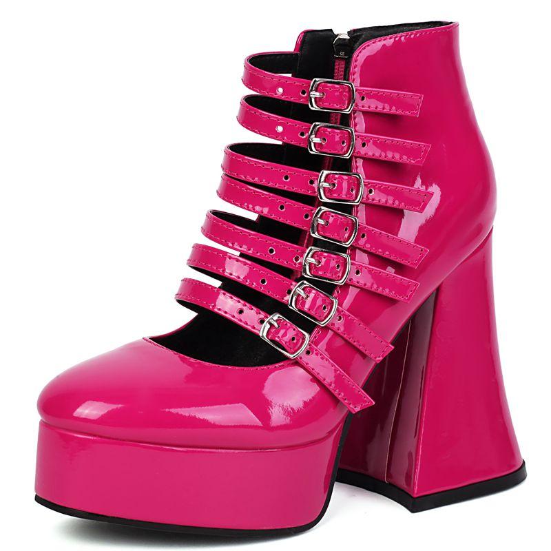 

2025 Модный Дизайн Туфли-лодочки Женские Круглый Носок 12см Блочный Каблук 3см Платформа Молния Ремень Пряжки Блестящие Вечерние Туфли 41 42 43 39 розы красного