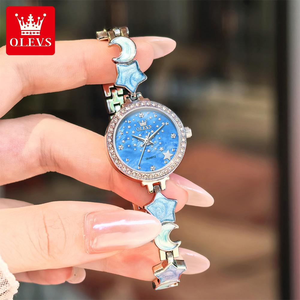 OLEVS Original Quartz Women's Watches Trendy Star Moon Diamond Dial Elegant Ladies Bracelet Wristwatches Luxury Woman Watch
