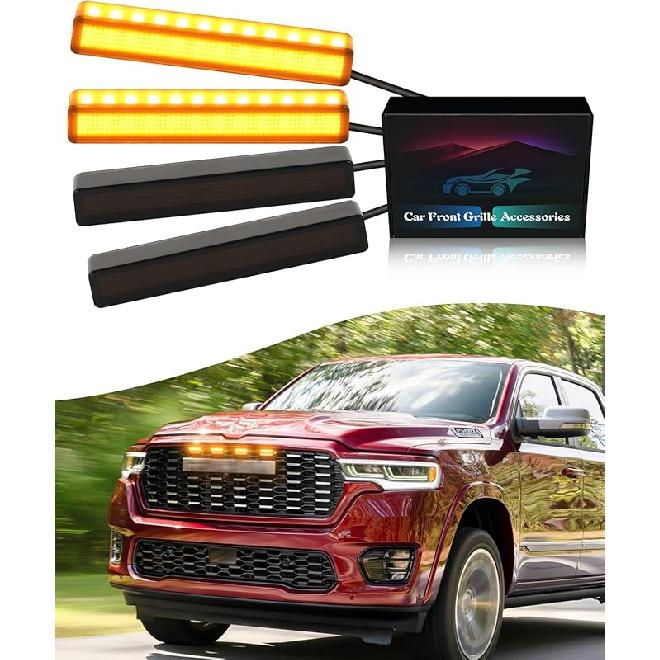 Светодиодные фонари решетки для Dodge Ram 2025 2024- Фонари решетки Raptor Ram 1500 2500 3500 Аксессуары Декоративные накладки на переднюю решетку, 4 шт. (желтый)