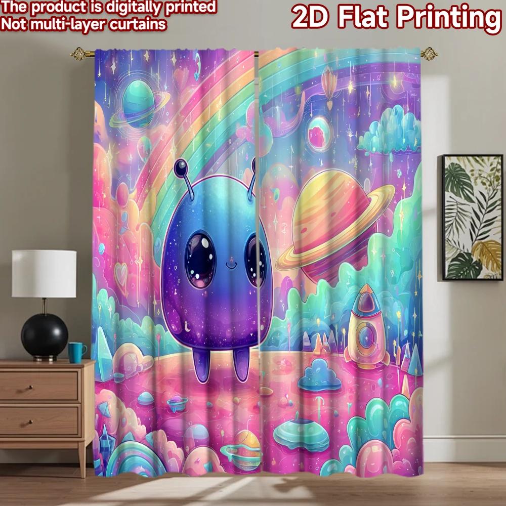 2D flat printing 2pcs Window Curtains Cute Alien Rainbow Planet Stars Digital Printed Polyester Drapes Party Decorations for