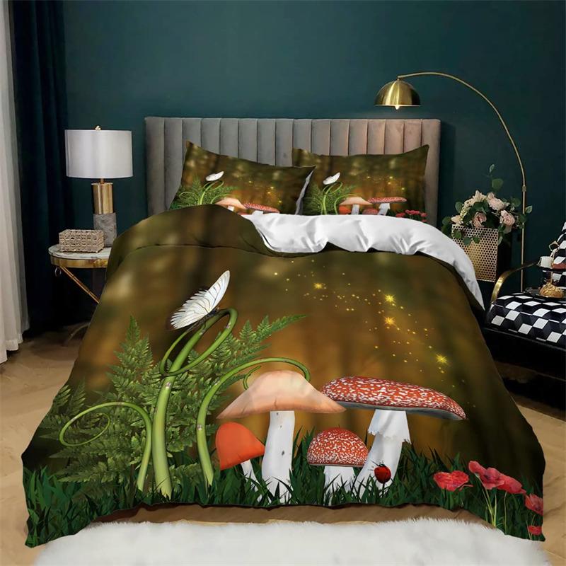 Pilz Bettbezug Set Cartoon Bettwäsche Set Naturpflanzen Druck Bettdeckenbezug Kissenbezüge King Für Kinder Erwachsene Schlafzimmer Deko