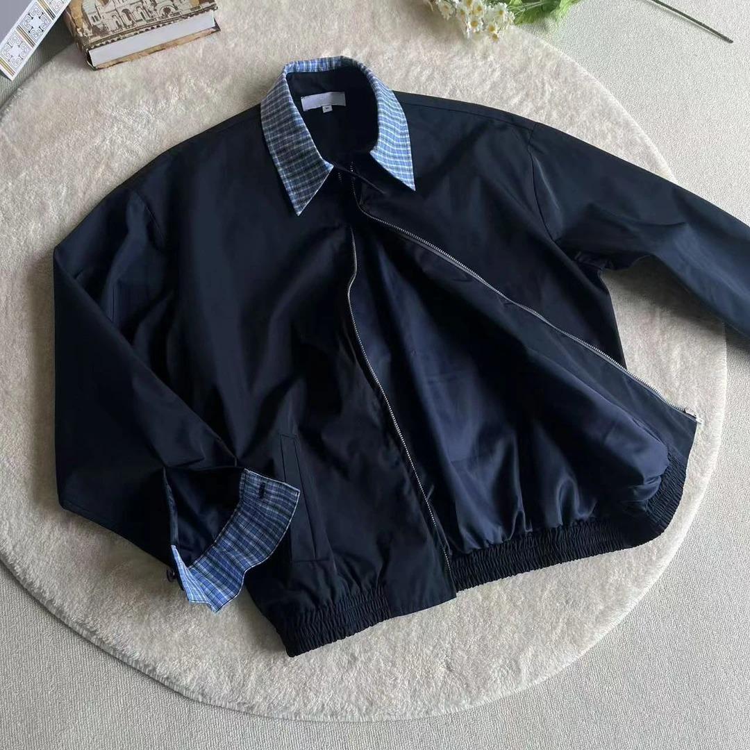 

Autumn new fake two-piece plaid spell Harrington short jacket men s fashion high-end lapel spring and autumn shoulder coat 2XL [Source Factory Spot Express Shipping]