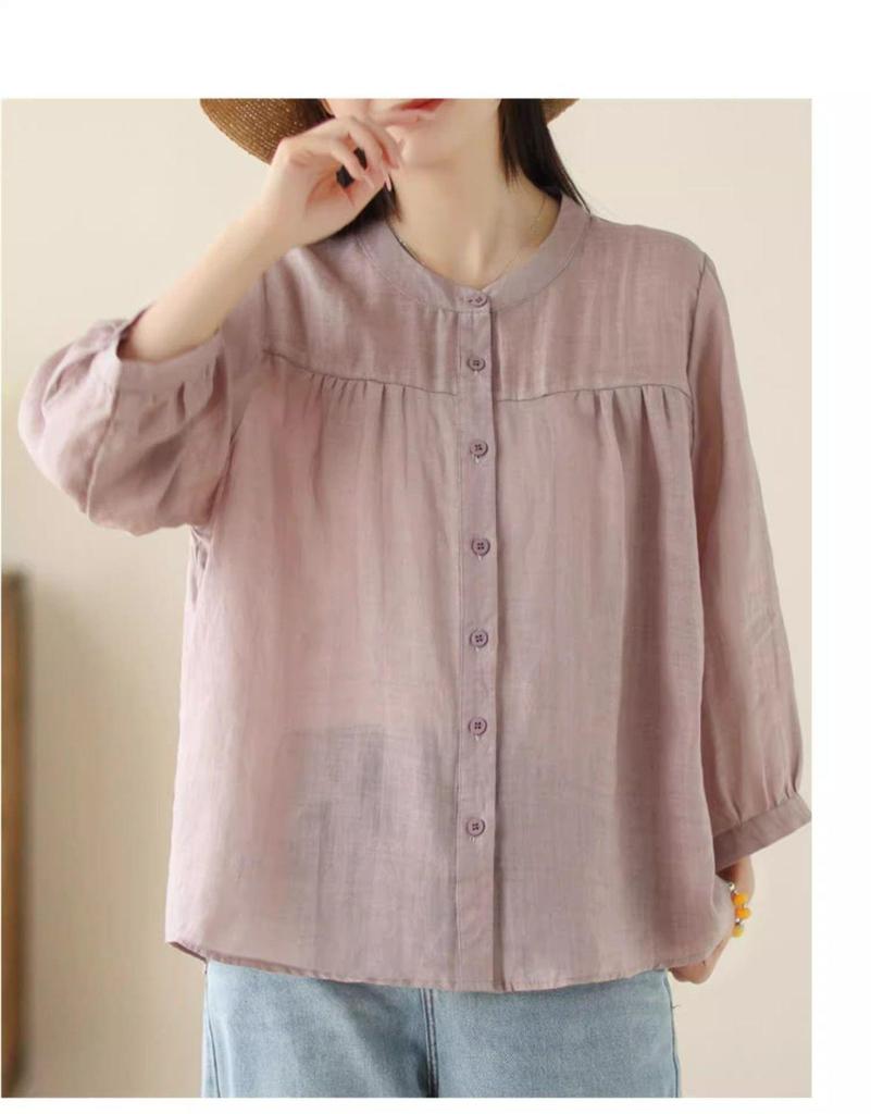 Summer Cotton Linen Casual Women's Blouse - Lightweight, Loose, and Slimming Seven-Sleeve Sunscreen Top