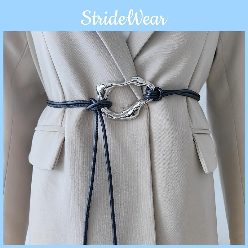 Black Thin Faux Leather Waist Belt With Metal Rolltop Buckle For Office And Casual Outfits