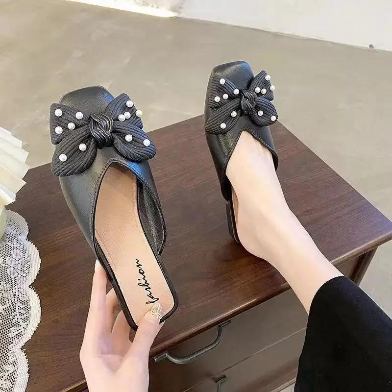 Fashion Low Heel Indoor Leather Women's Slippers and Ladies Sandals Outside Shoes Soft Job Slides Pearl Mules Natural Skin Footwear Pvc