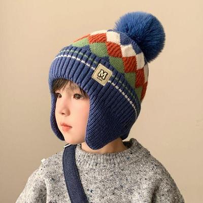 Căciulă de lână pentru copii cu protecție pentru urechi - Tricotată, Călduroasă, Plus catifea pentru băieți și fete, Stil dom toamnă/iarnă