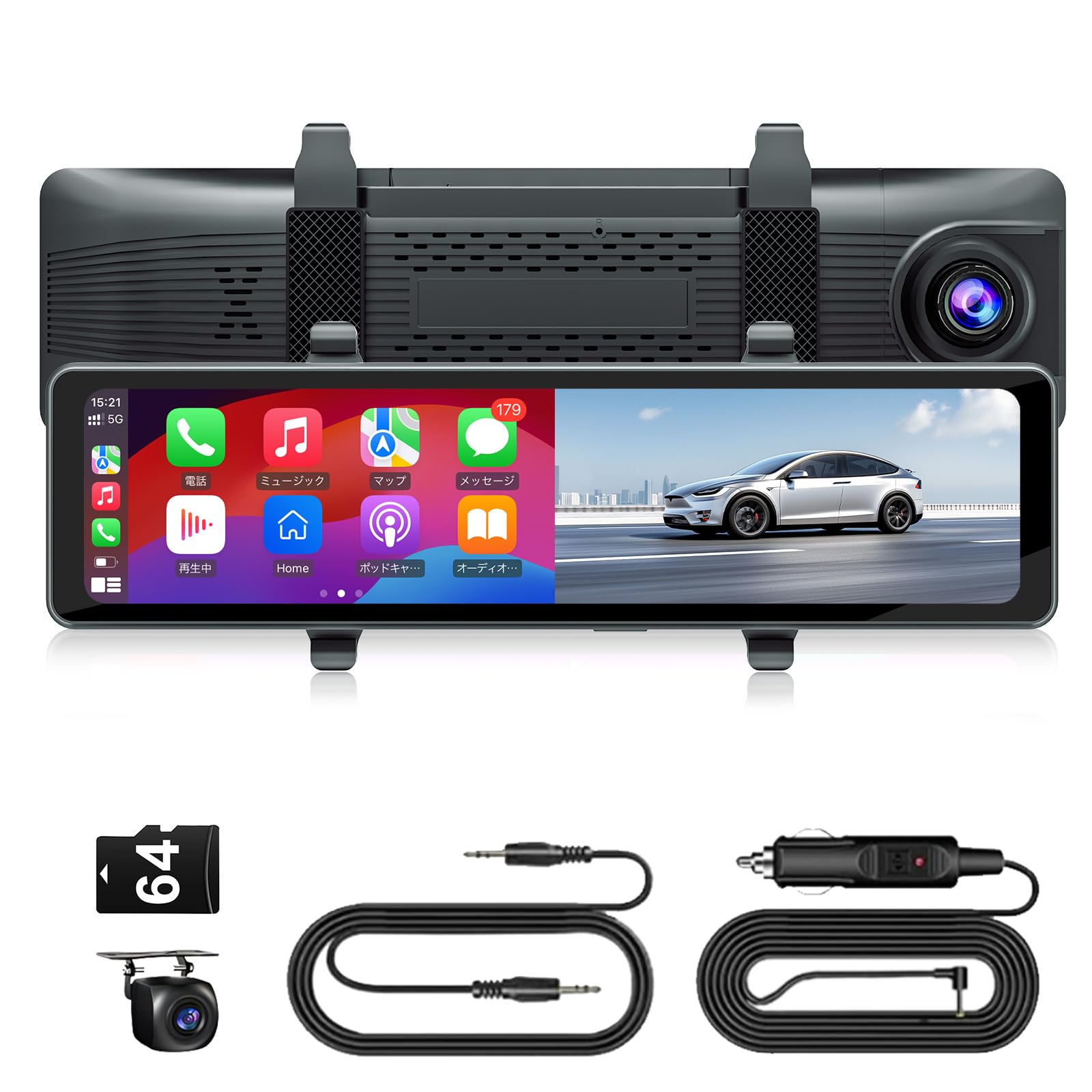 

Dashcam Android 4K Dual Reverse Drive Waterproof Rear Camera Voice Assistant 64GB Memory Card Included Mirror-type [CarPlay & Auto] Compatible, чорний