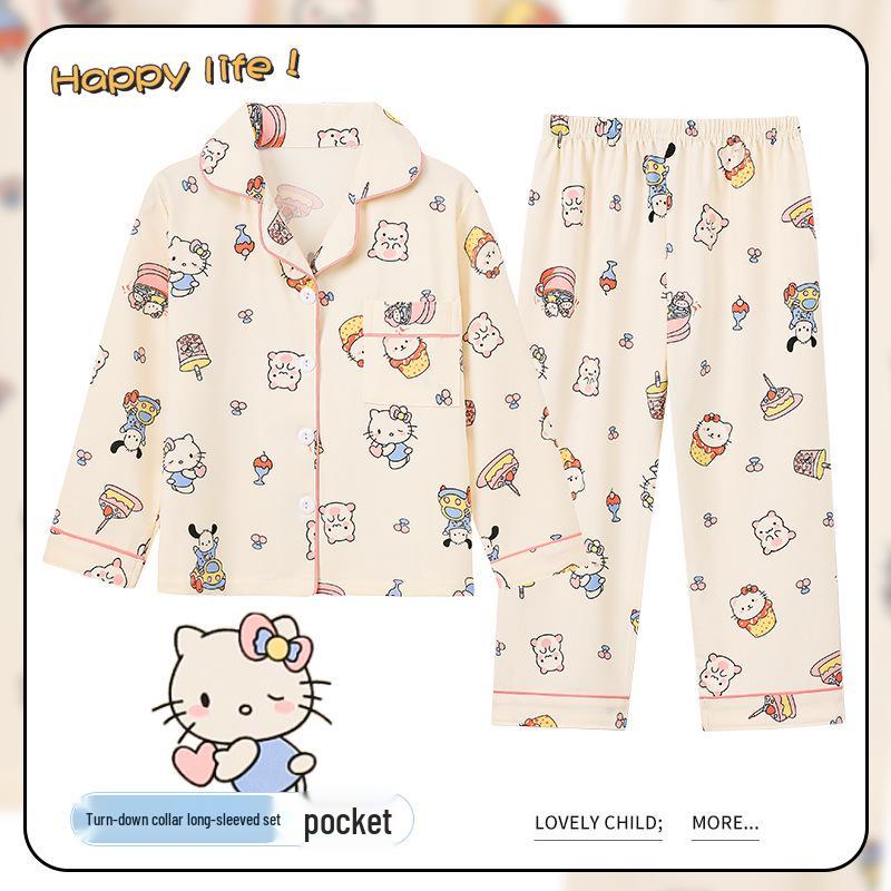 Spring & Autumn Cotton-Feel Girls' Cardigan Pajama Set - Long Sleeve & Pants