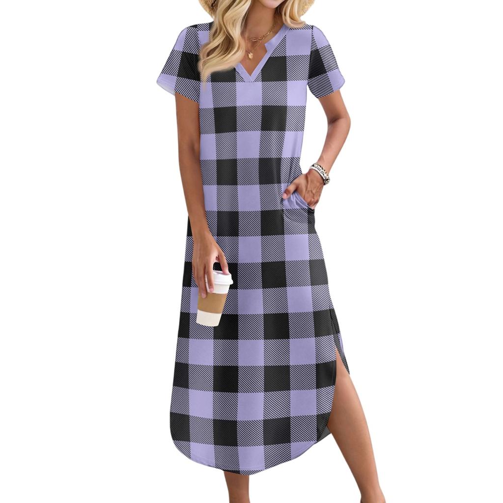 Women's Casual Comfortable V Neck Loose Hem Split Vacation Short Sleeve Plaid Long Dresses