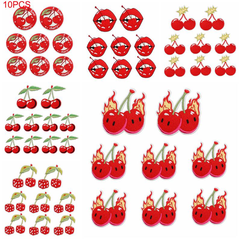 10pcs /Set Fruit Cherry Embroidered Patches Diy Hats Jackets Sew Patch Badges Iron On Patches For Clothing Accessories Applique