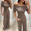 European & American Style Off-Shoulder Knit Top and Wide Leg Pant Set for Women