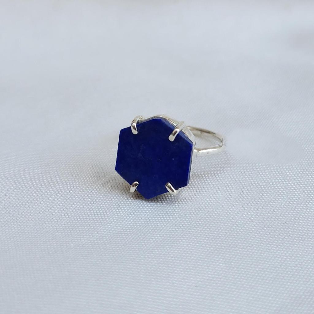 Hexagon Prong Set Lapis Lazuli 925 Sterling Silver Ring Jewelry, Handmade Lapis Ring Jewelry