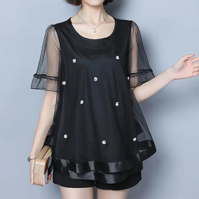 

Элегантная Модная Однотонная Вышитая Блузка из Марли Летняя Повседневная с Круглым Вырезом и Коротким Рукавом Свободные Топы Женская Одежда 5XL чёрный