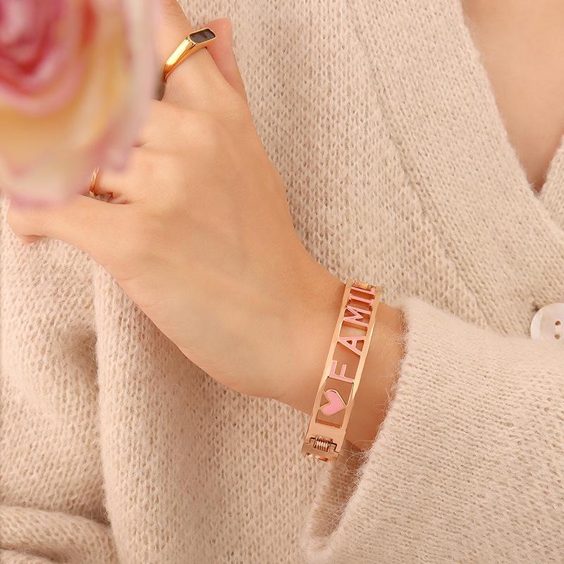 Korean Trendy Pink Girly Bracelet: Youthful, Elegant Gold-Plated Titanium Steel with Letter Design.