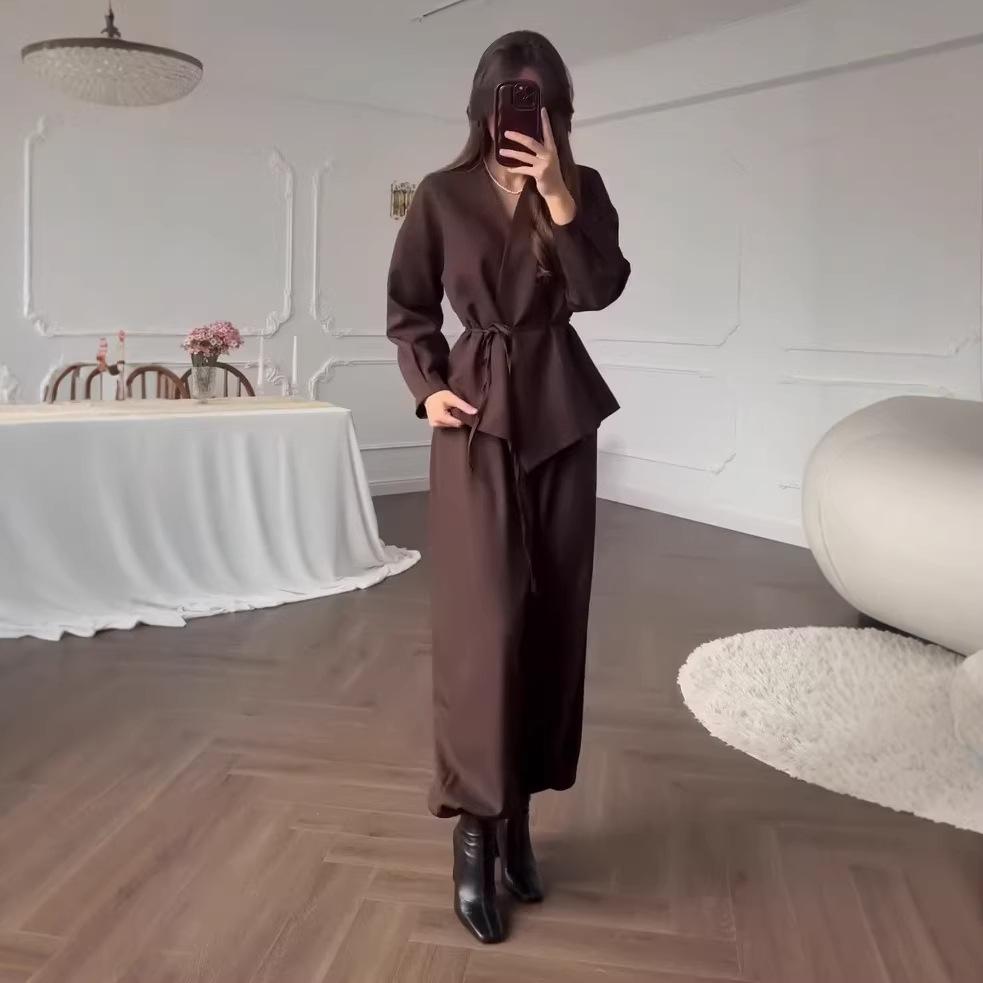 Cross-border Europe, America, Amazon 2025 autumn new suit V-neck lace-up long-sleeved jacket loose lantern trousers set
