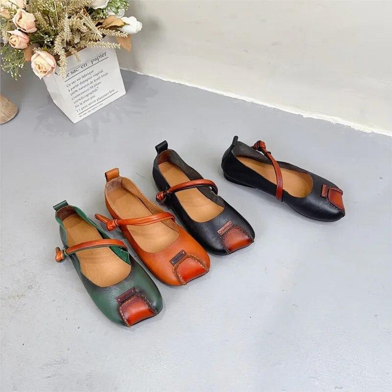 Johnature Genuine Leather Mixed Colors Flats Retro Versatile Shallow Soft Sole Handmade Women Shoes