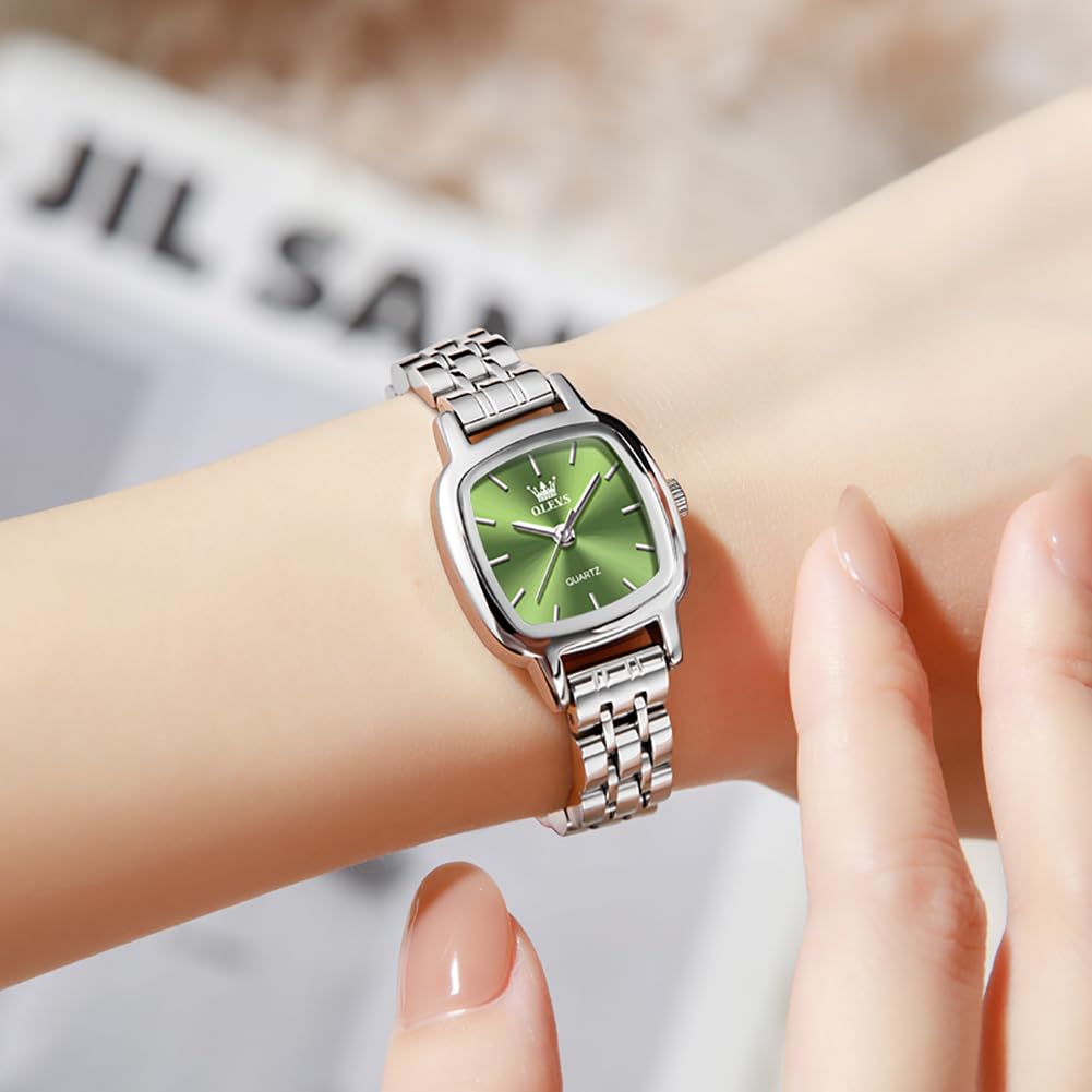OLEVS Slim Quartz Slim Stainless Square 3 ATM Water Trendy Gift Watch for Green Women's Watch, Movement, Steel, Dial, Resistant, Color, Women,