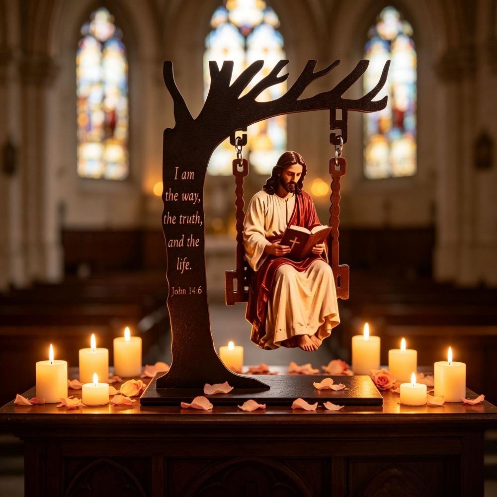 Catholic Wooden Jesus Swing Ornament Religious Virgin Mary Swing Sculpture Faith Home Decor