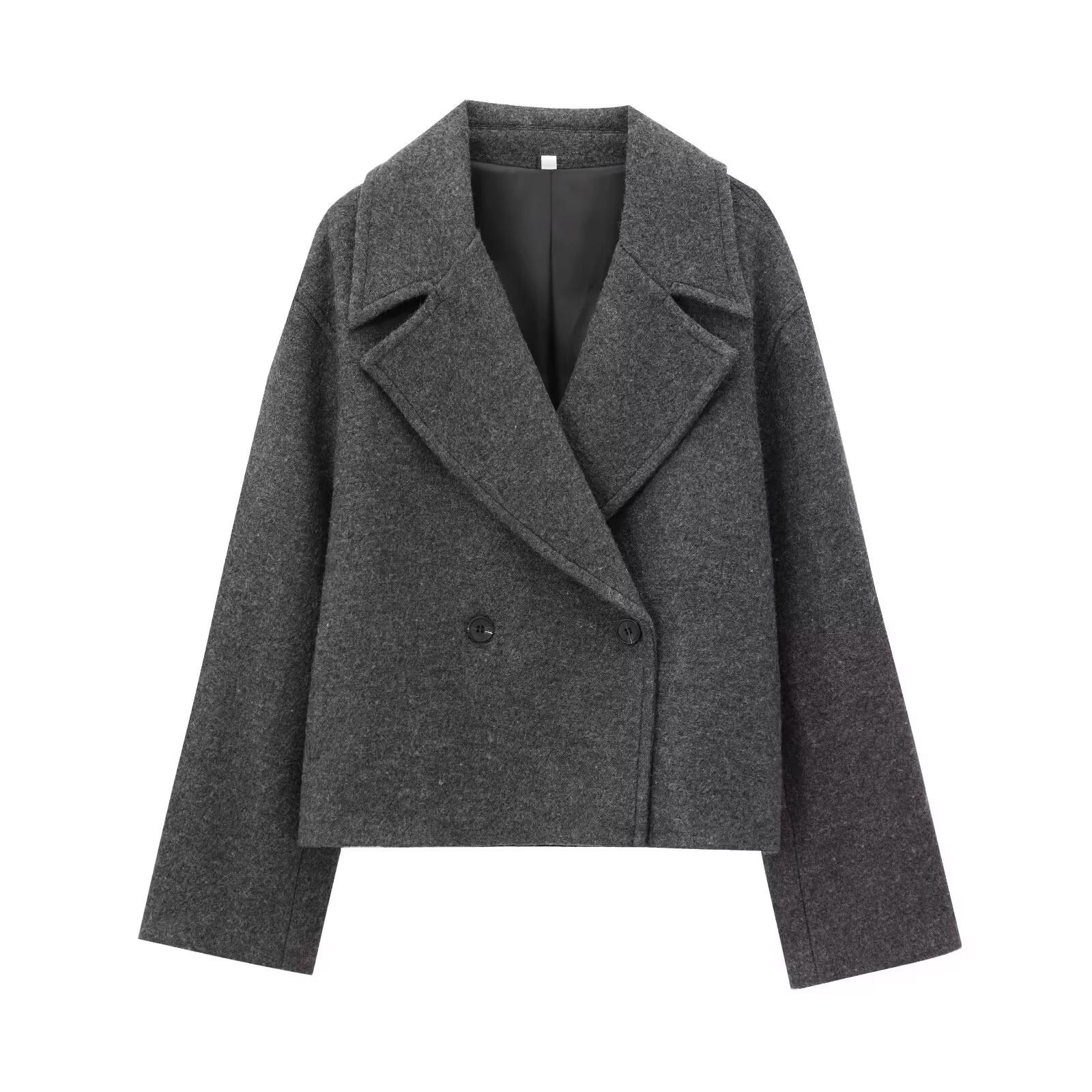 

Женское двубортное шерстяное пальто на осень 2024 года - Европейский и американский стиль старые деньги M темно-серого