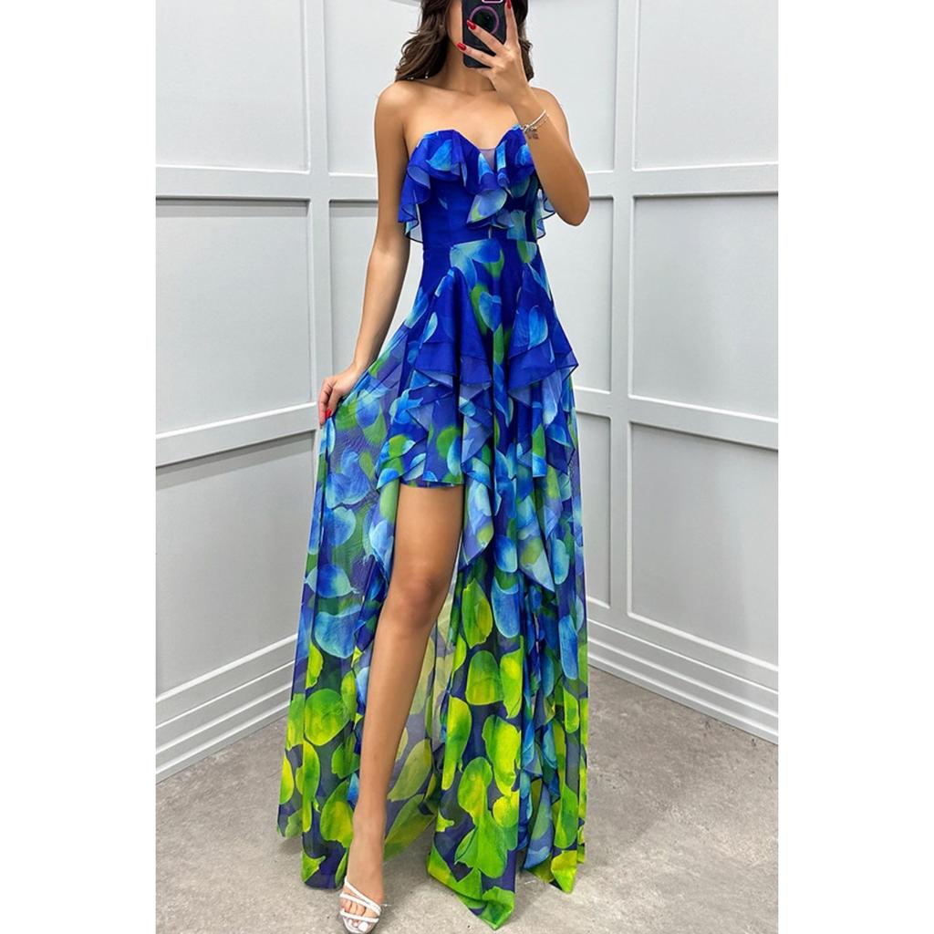 Nuovo Vestito da Donna a Rete Senza Spalline Stampato, Stile Europeo Americano Moda Casual Vestito da Festa per Donne INS Trendy
