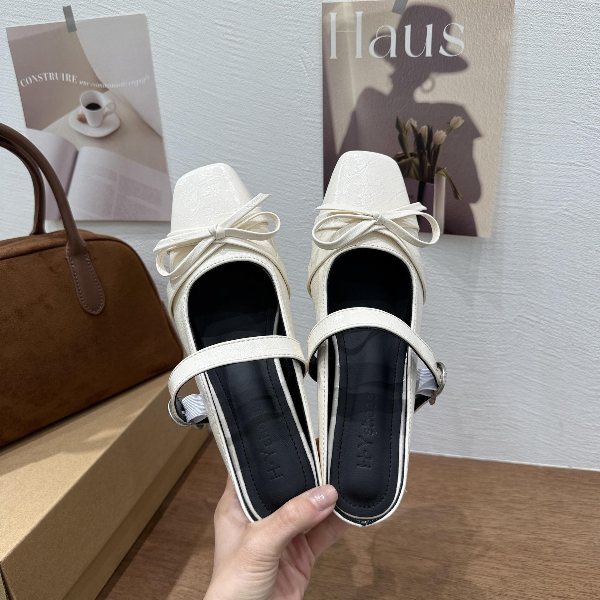 Spring And Summer Versatile Single Shoes French Gentle Temperament Slippers Inner Height Increase Square Head Mary Jane Half To Muller Shoes 35 бежевый