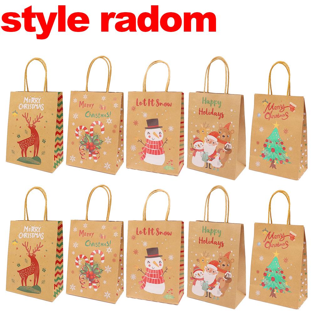 5/20pcs Christmas Kraft Gift Bags with Handles Retro Santa Claus Xmas Snowman Santa Tree DIY Packaging Pouch New Year 30*15CM