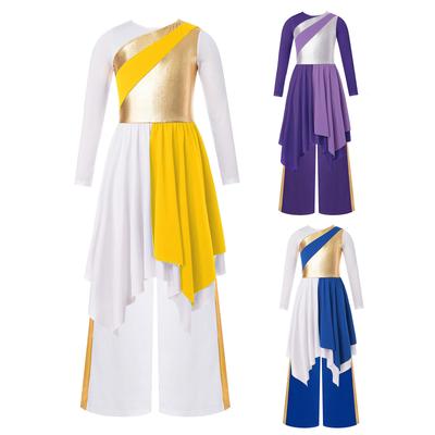 Girls Praise Lyrical Dance Outfit Long Sleeve Metallic Contrast Asymmetrical Dress Metallic Patchwork Wide Leg Pants Set