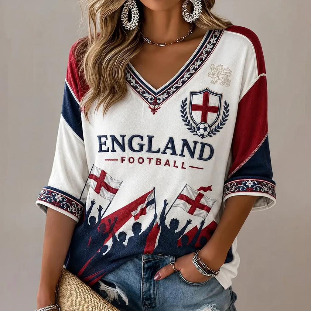 Top da donna leggero con scollo a V e stampa grafica Design Calcio Inghilterra 2026 Camicia casual per primavera estate Vestibilità ampia