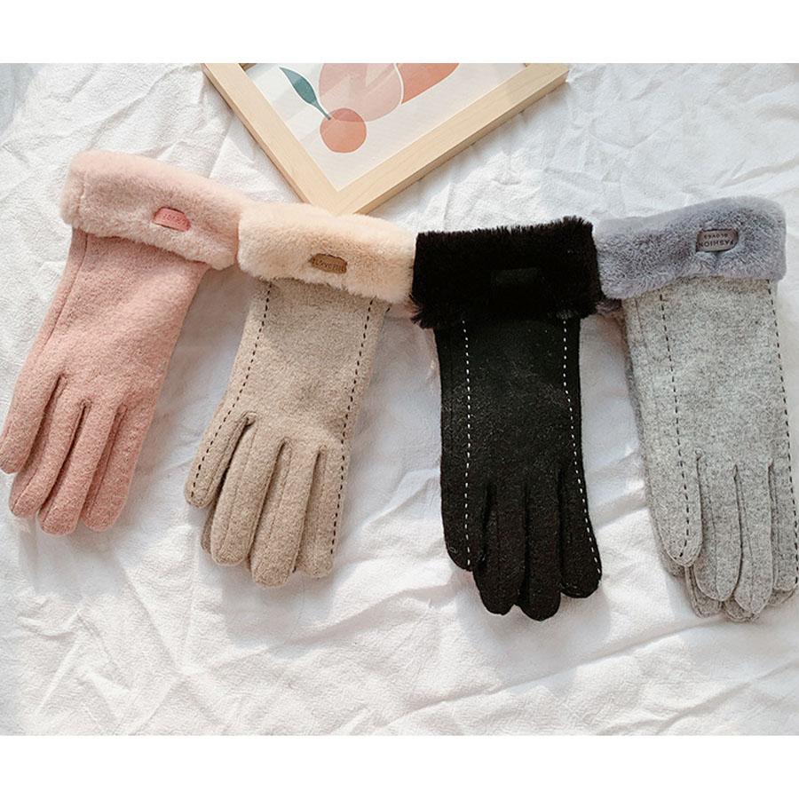 Winter Gloves Women Girl Cashmere Touch Screen Warm Gloves Elegant Outdoor Riding Wool Bow Full Cotton Finger Driving Mittens