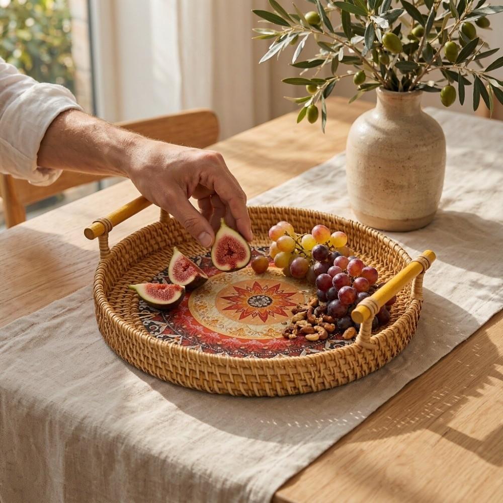 Wicker Weave Rattan Serving Tray Round Shape Round Wicker Basket Woven Rattan Tray Fruit Serving