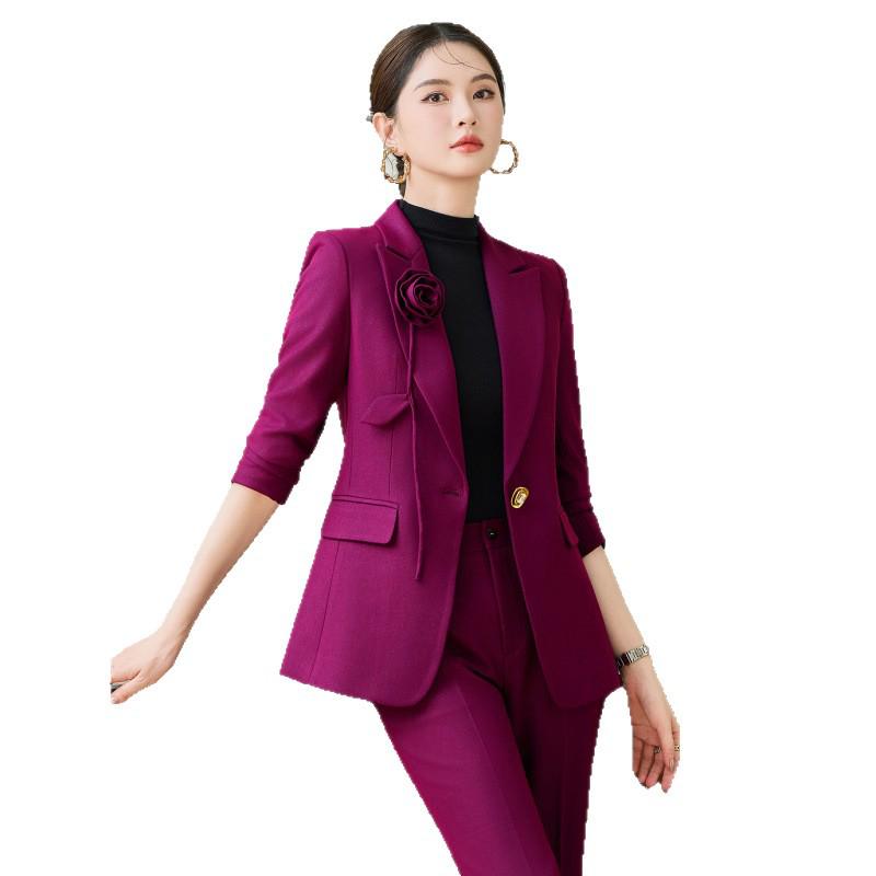 Korean Style Women's Red Slim Fit Suit Jacket, Long Sleeve, Petite, Formal Wear 2025
