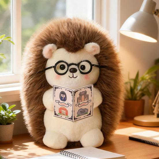 Hedgehog Plush Toy with Glasses & Book Soft Stuffed Animal Fluffy Hedgehog Plush Cute Animal