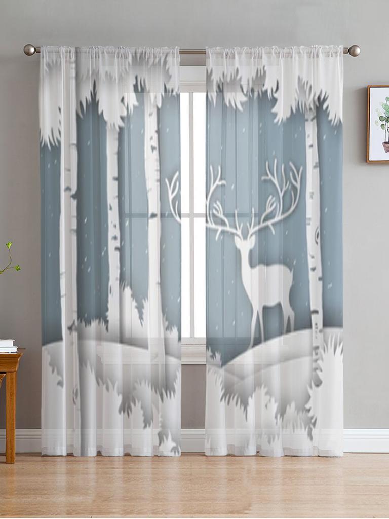 Christmas Elk Curtain Cartoon Xmas Forest Tree Deer Winter Snowflake Semi Living Room Voile Window Treatment Light Filtering Polyester Ideal For Great