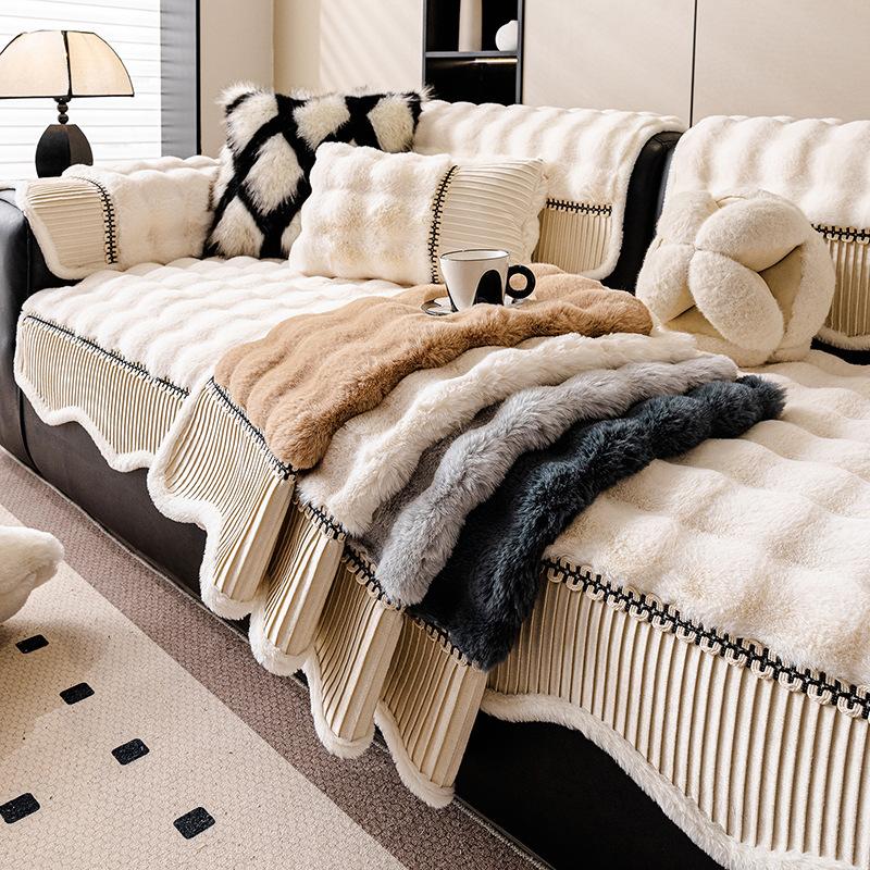 Winter High End Anti Slip Cover Cloth Irregular Thickened Plush Seat Cushion Straight Row One Piece Rabbit Plush Sofa Cushion