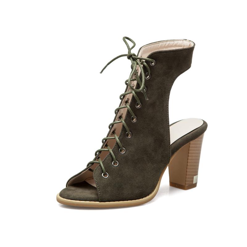 Flock Front Lace Up Roman Sandals Women High Heels Shoes for Summer Sexy Open Toe Gladiator sandalias mujer Female Shoes WSH3900