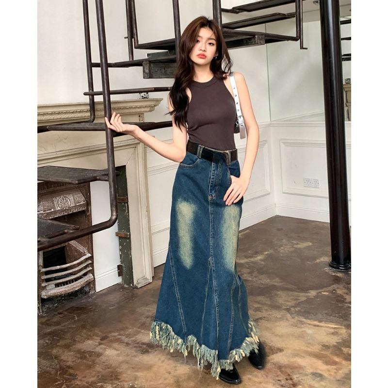 Asymmetrical Hem Denim Skirt Women Long Fringe  Skirts Trendy Outfit Clothes
