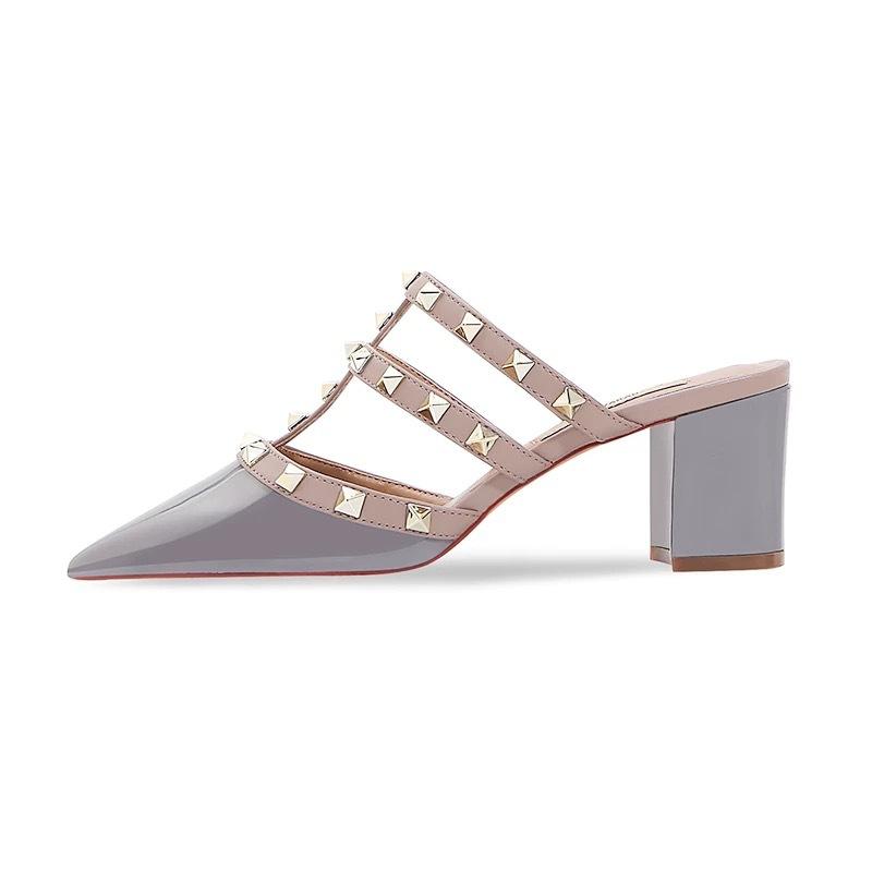 New nude patent leather thick heel high heel bag head half slippers women wear versatile rivets pointed cool slippers summer